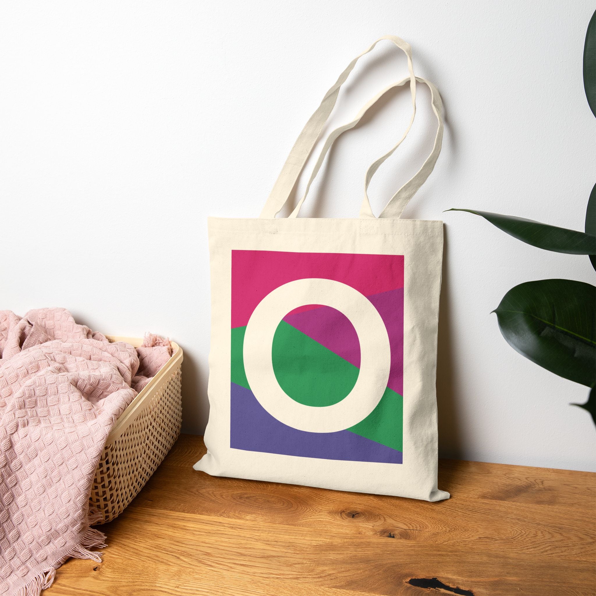 Initial O Colorblock Canvas Tote Bag — Monogram Letter O Reusable Grocery Tote