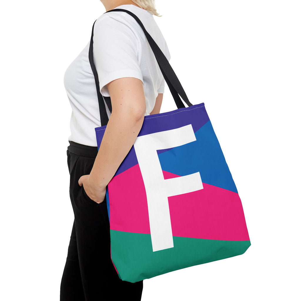 Monogram 'F' Colorblock Tote Bag — Personalized Initial F Shoulder Tote