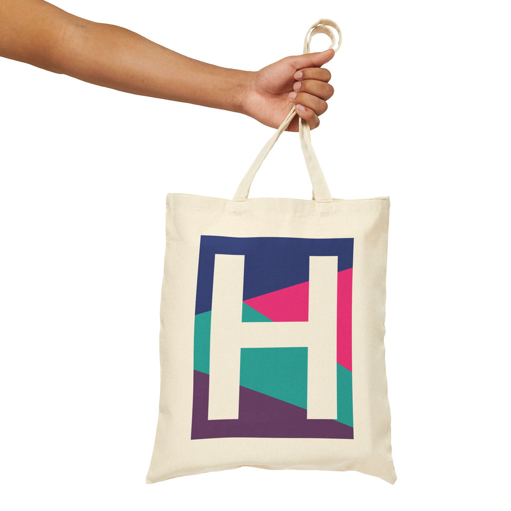 Initial H Colorblock Canvas Tote Bag — Monogram Letter H Reusable Grocery Tote