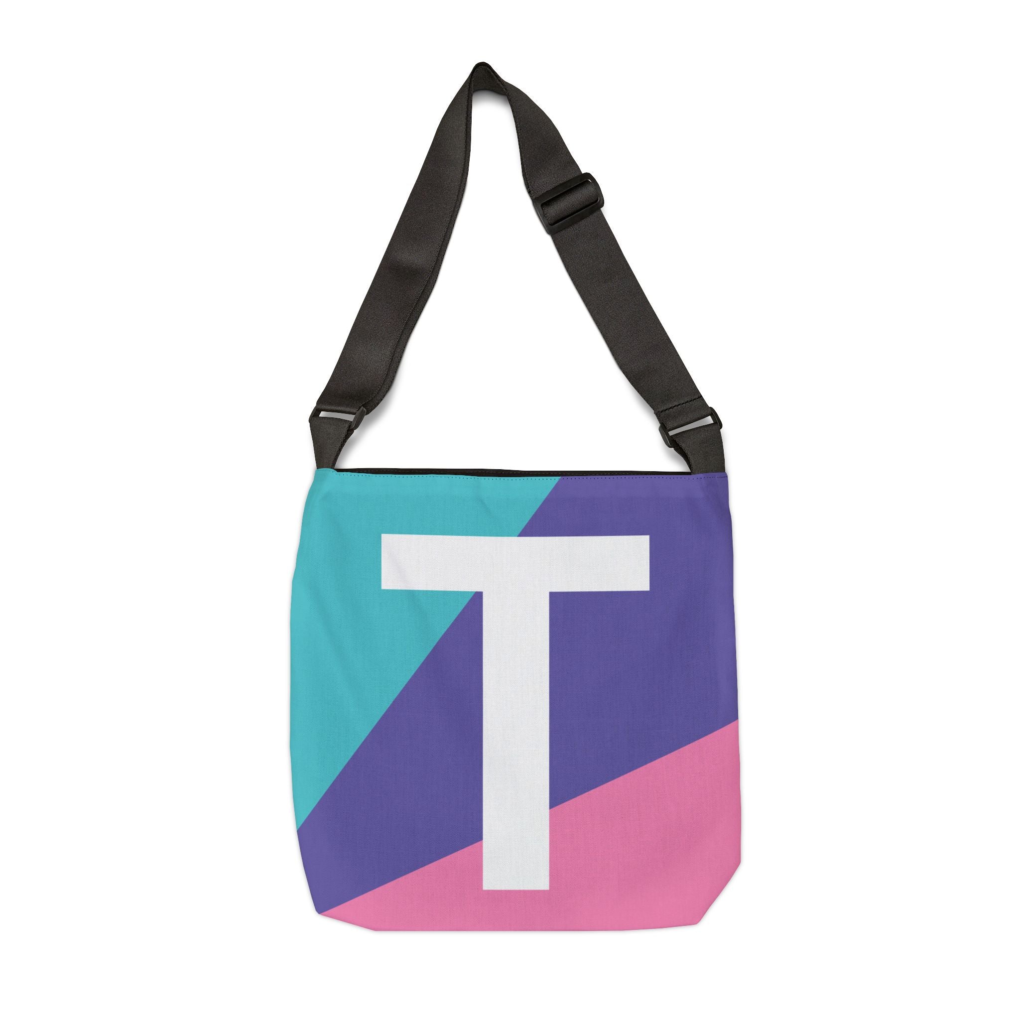 Initial Letter 'T' Colorblock Adjustable Tote Bag — Monogram Alphabet Shoulder Bag