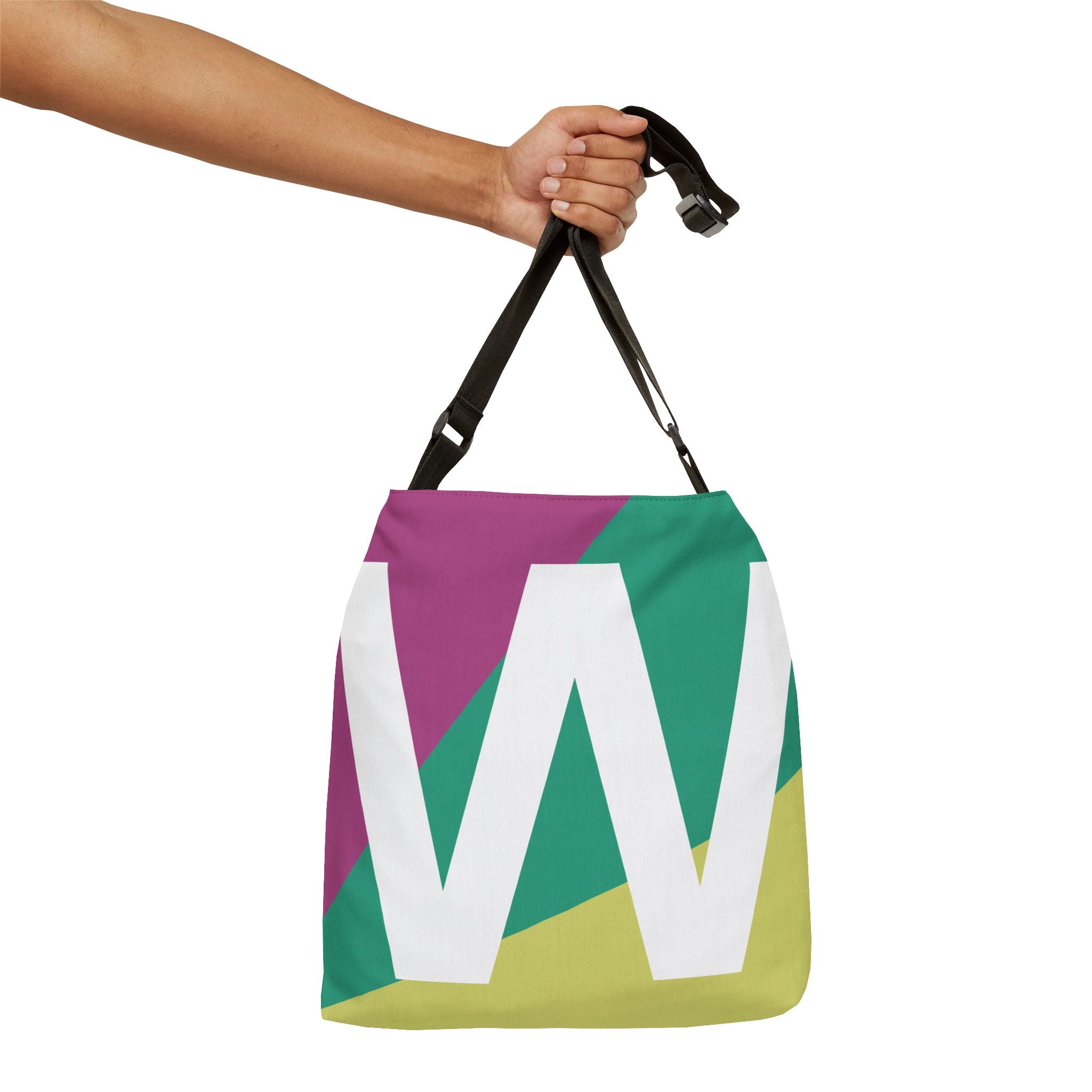 Initial Letter 'W' Colorblock Adjustable Tote Bag — Monogram Alphabet Shoulder Bag