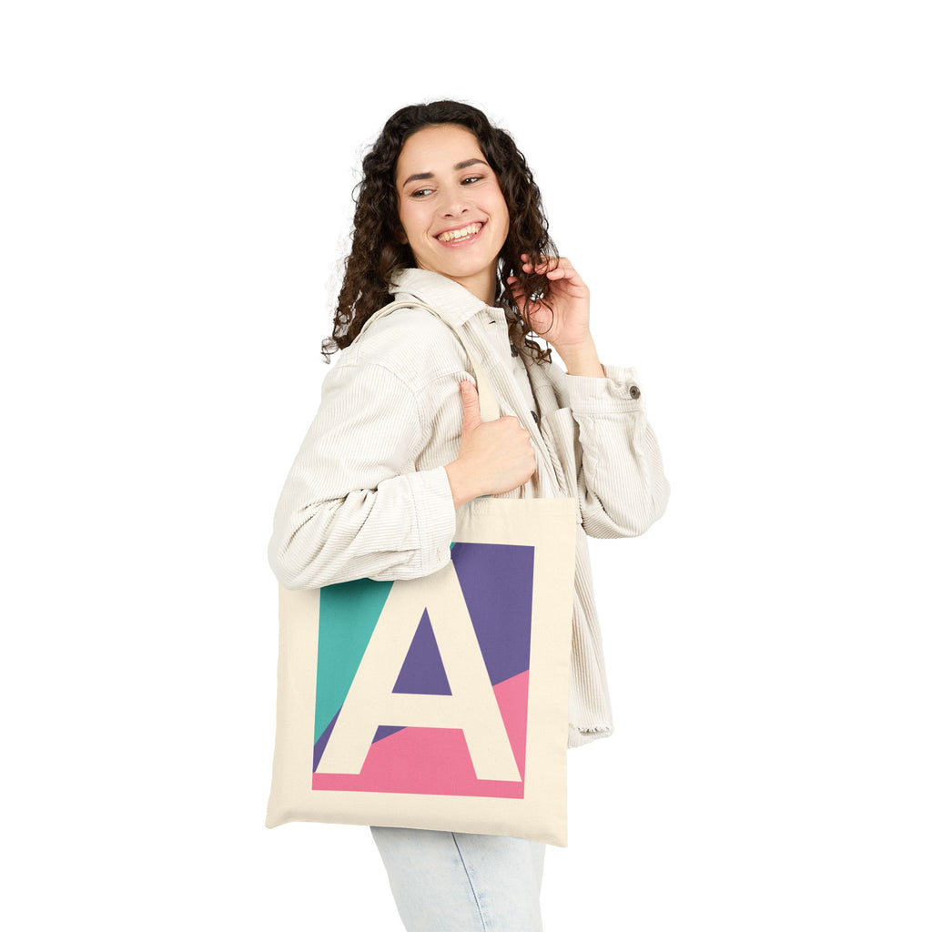 Initial A Colorblock Canvas Tote Bag — Monogram Letter A Reusable Grocery Tote