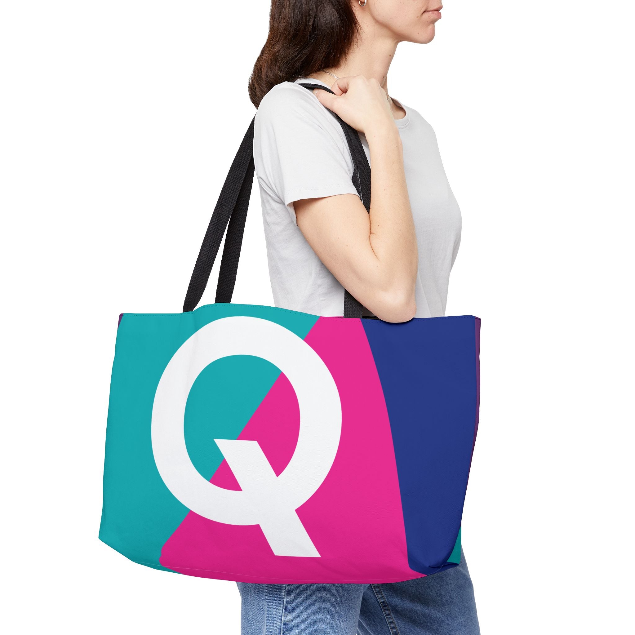 Personalized 'Q' Colorblock Tote Bag — Monogram Weekender Tote