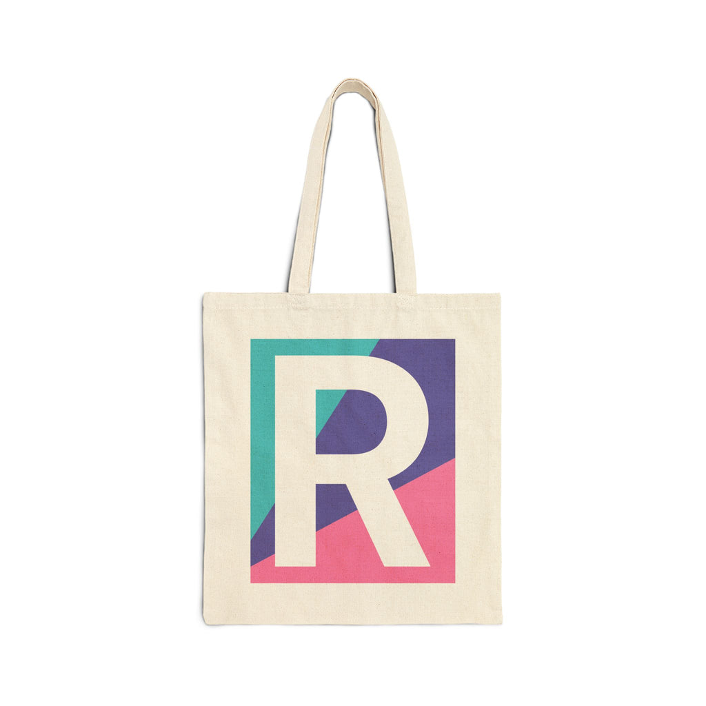Initial R Colorblock Canvas Tote Bag — Monogram Letter R Reusable Grocery Tote