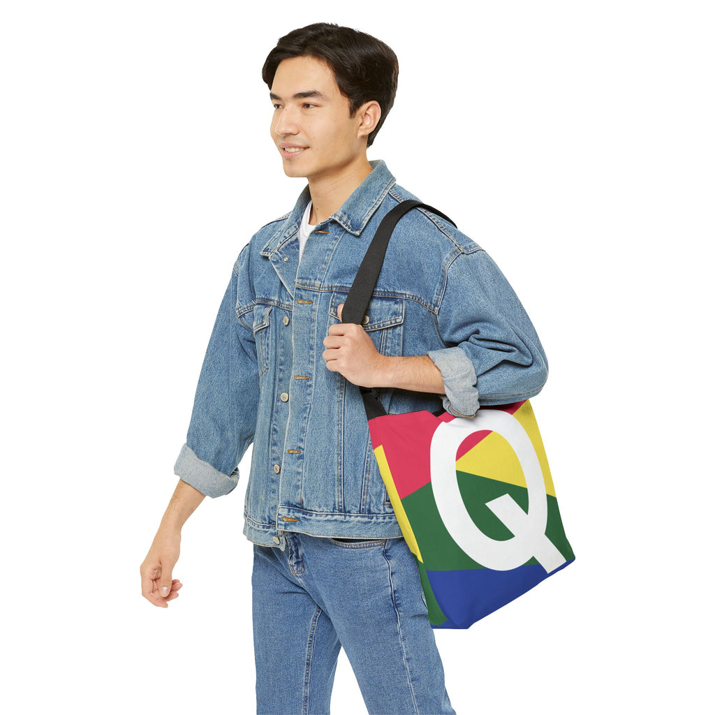 Initial Letter 'Q' Colorblock Adjustable Tote Bag — Monogram Alphabet Shoulder Bag