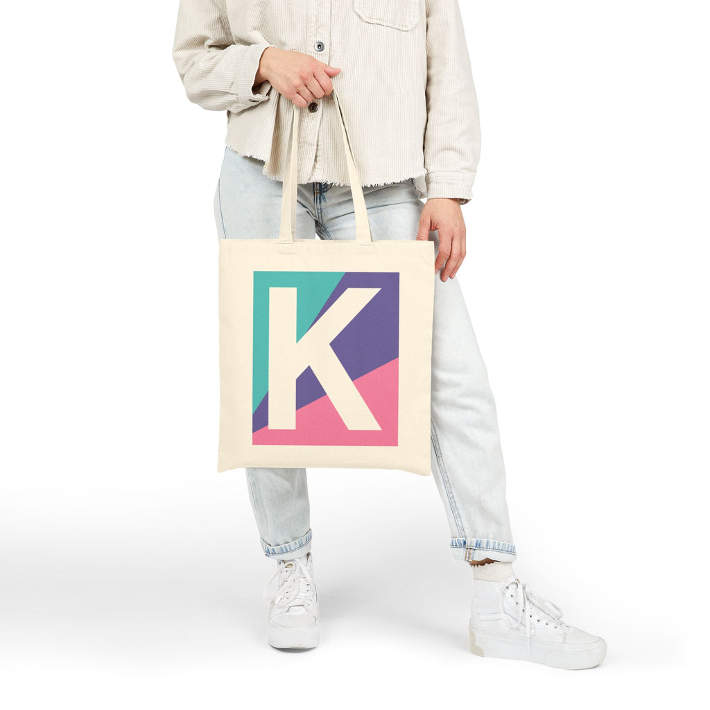 Initial K Colorblock Canvas Tote Bag — Monogram Letter K Reusable Grocery Tote