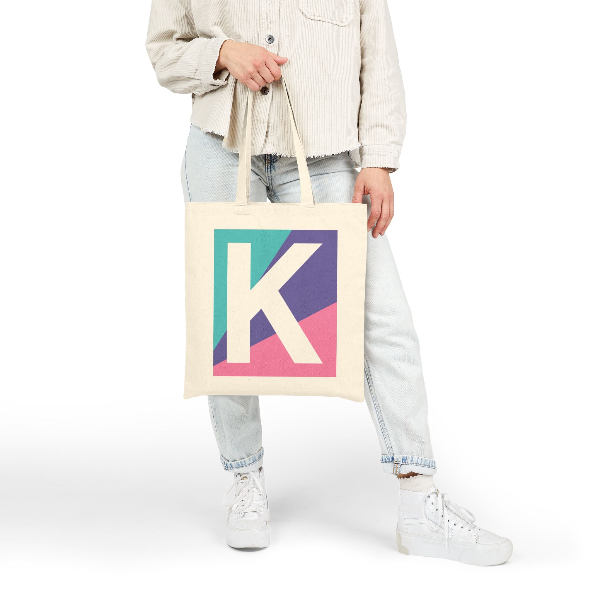 Initial K Colorblock Canvas Tote Bag — Monogram Letter K Reusable Grocery Tote