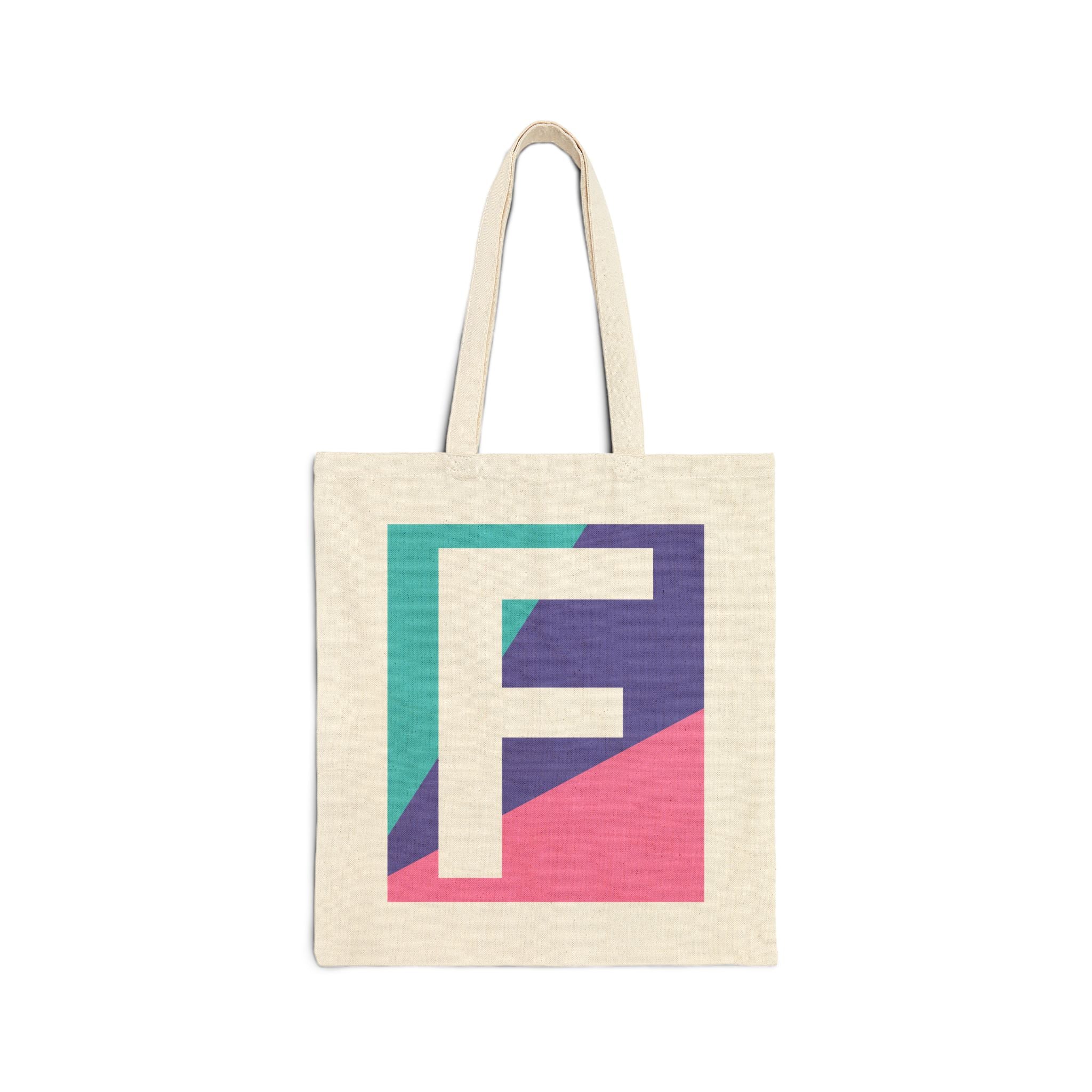 Initial F Colorblock Canvas Tote Bag — Monogram Letter F Reusable Grocery Tote