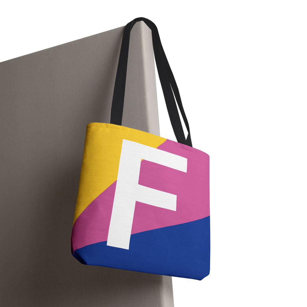 Monogram 'F' Colorblock Tote Bag — Personalized Initial F Shoulder Tote