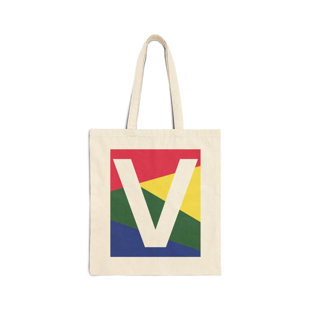 Initial V Colorblock Canvas Tote Bag — Monogram Letter V Reusable Grocery Tote