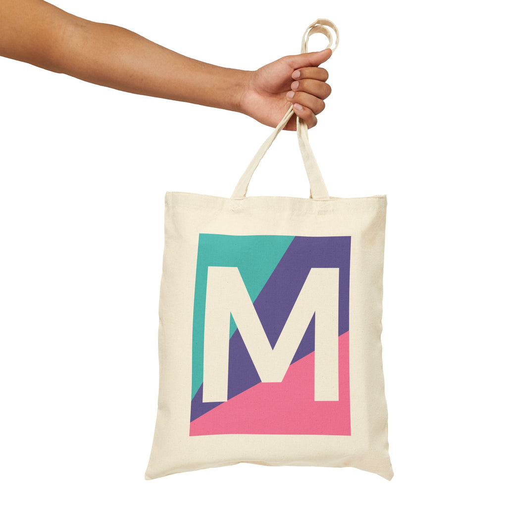 Initial M Colorblock Canvas Tote Bag — Monogram Letter M Reusable Grocery Tote