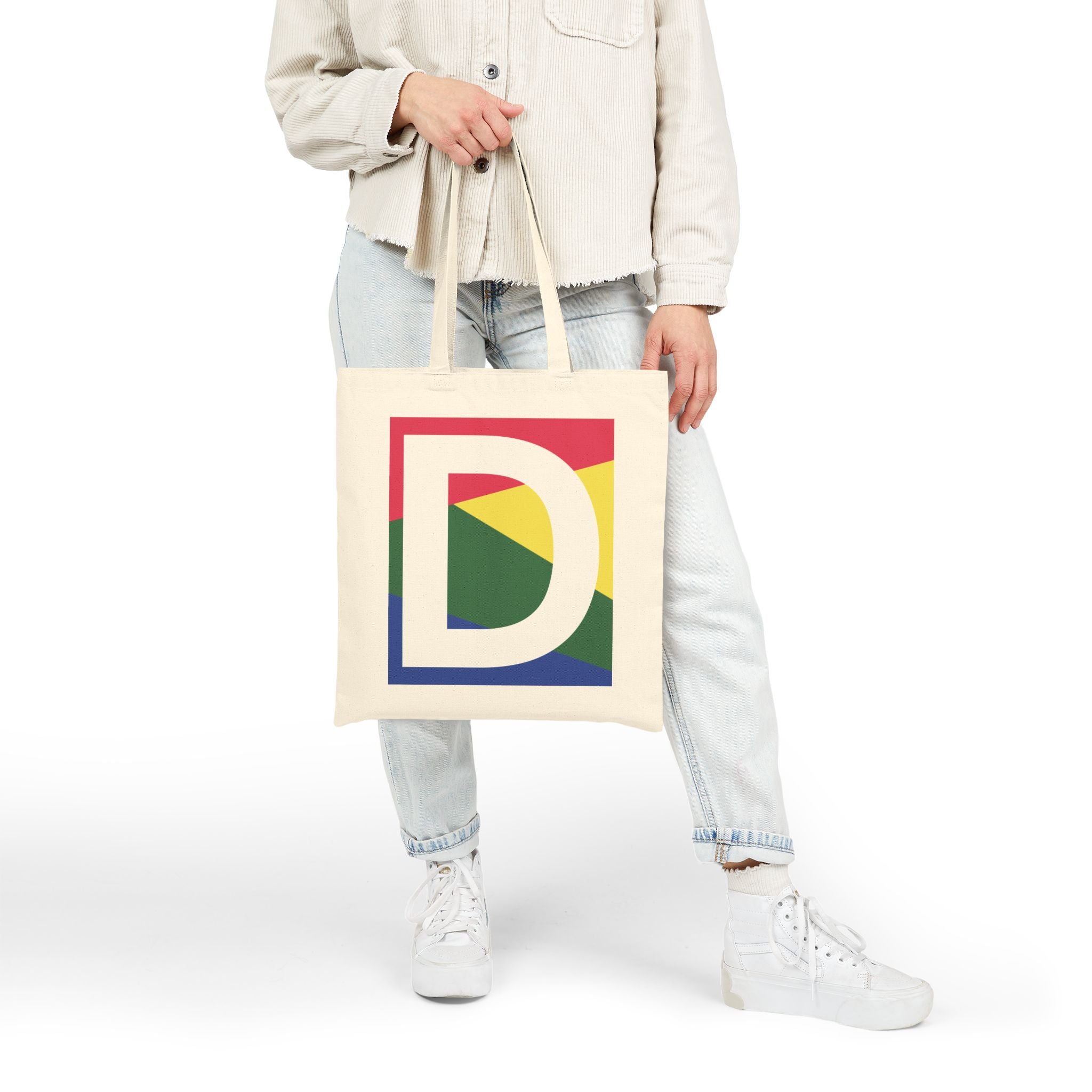 Initial D Colorblock Canvas Tote Bag — Monogram Letter D Reusable Grocery Tote