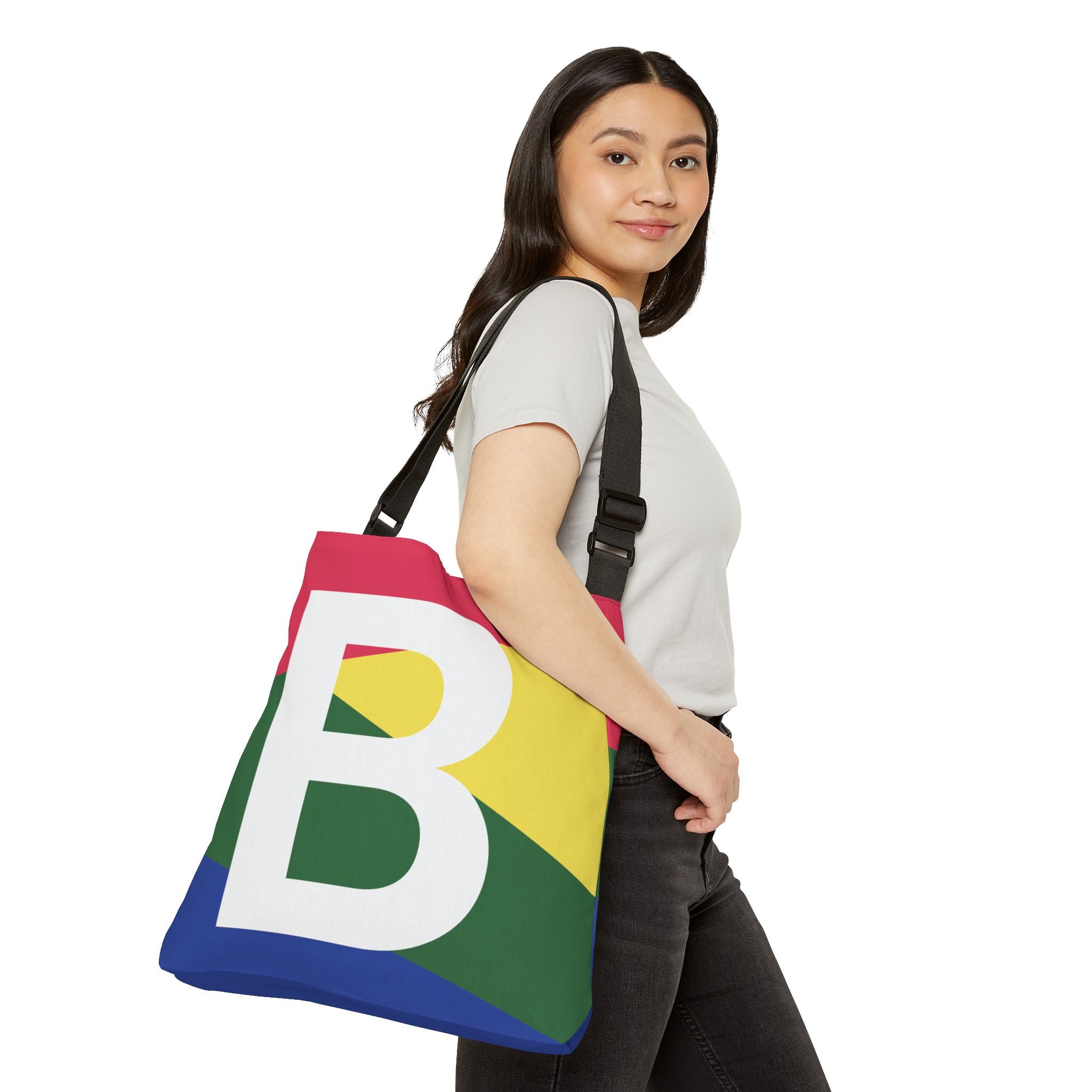 Initial Letter 'B' Colorblock Adjustable Tote Bag — Monogram Alphabet Shoulder Bag