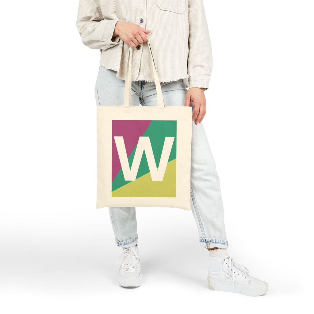 Initial W Colorblock Canvas Tote Bag — Monogram Letter W Reusable Grocery Tote