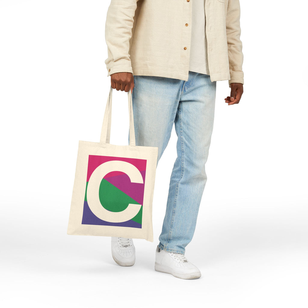 Initial C Colorblock Canvas Tote Bag — Monogram Letter C Reusable Grocery Tote