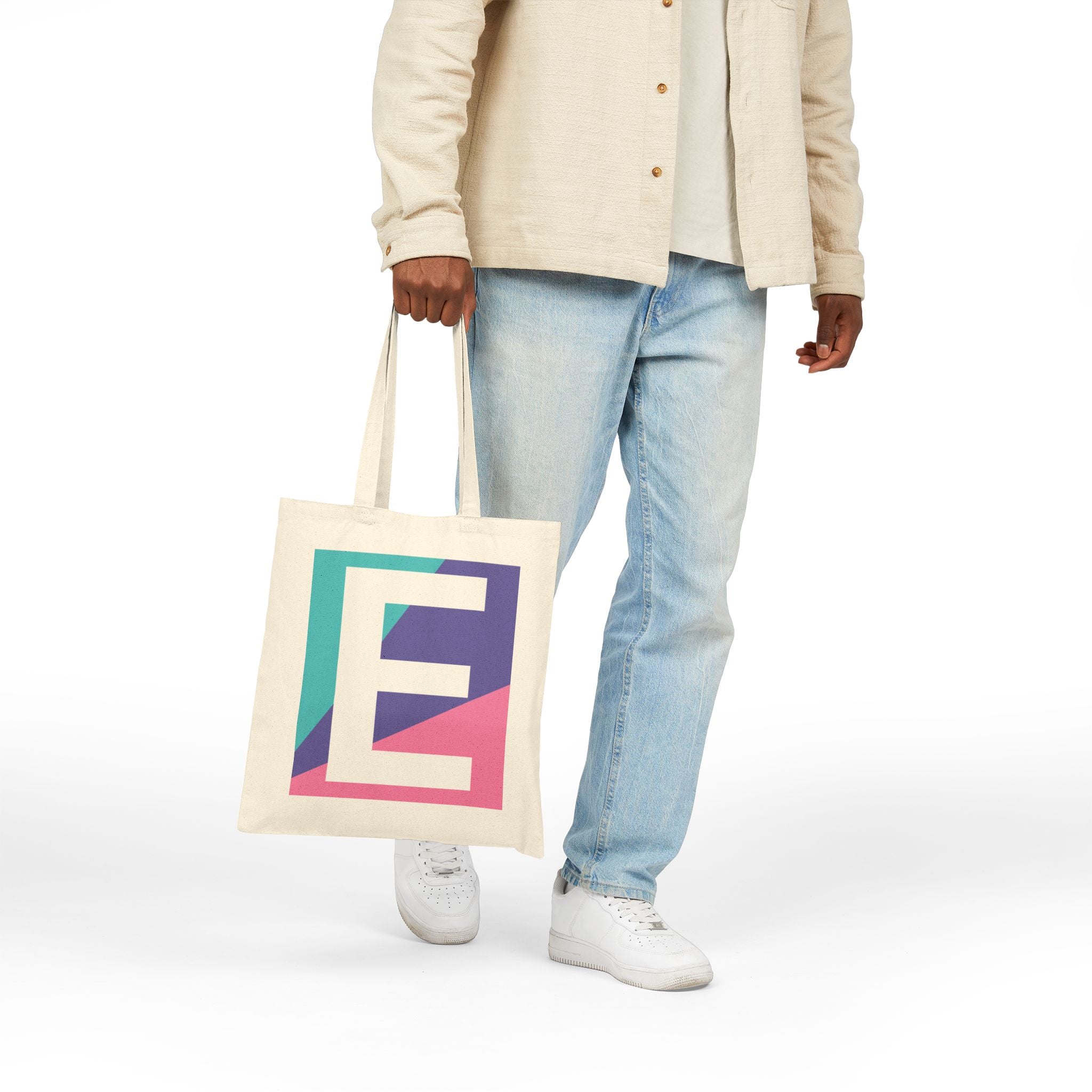 Initial E Colorblock Canvas Tote Bag — Monogram Letter E Reusable Grocery Tote