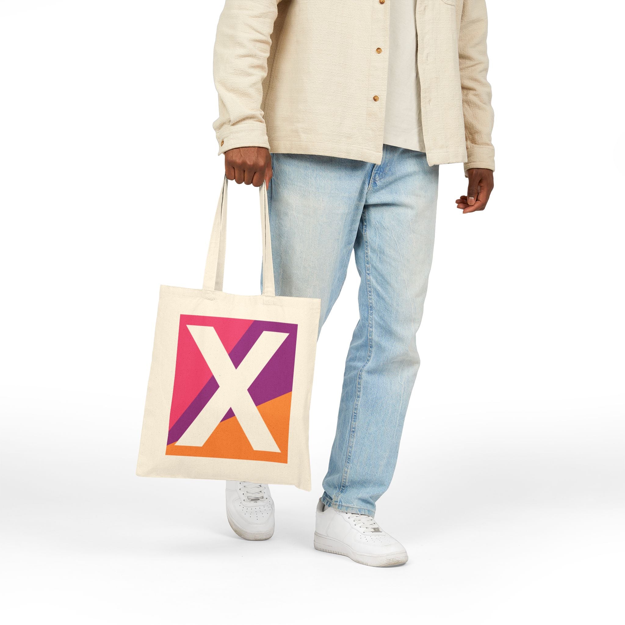 Initial X Colorblock Canvas Tote Bag — Monogram Letter X Reusable Grocery Tote