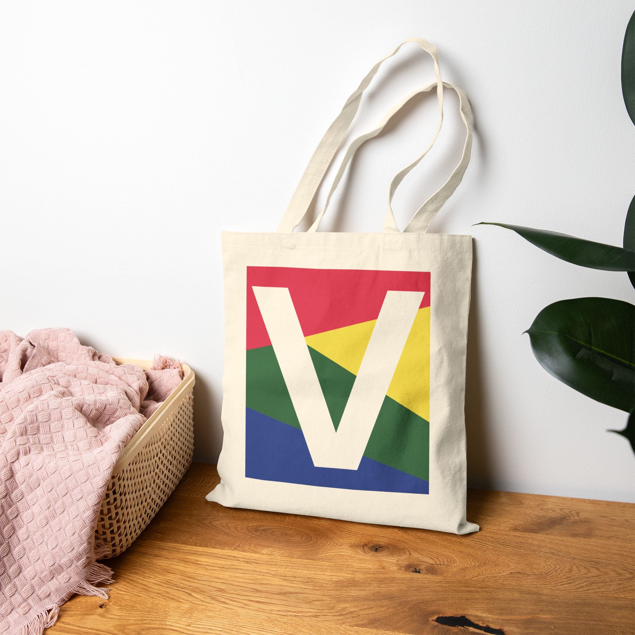 Initial V Colorblock Canvas Tote Bag — Monogram Letter V Reusable Grocery Tote