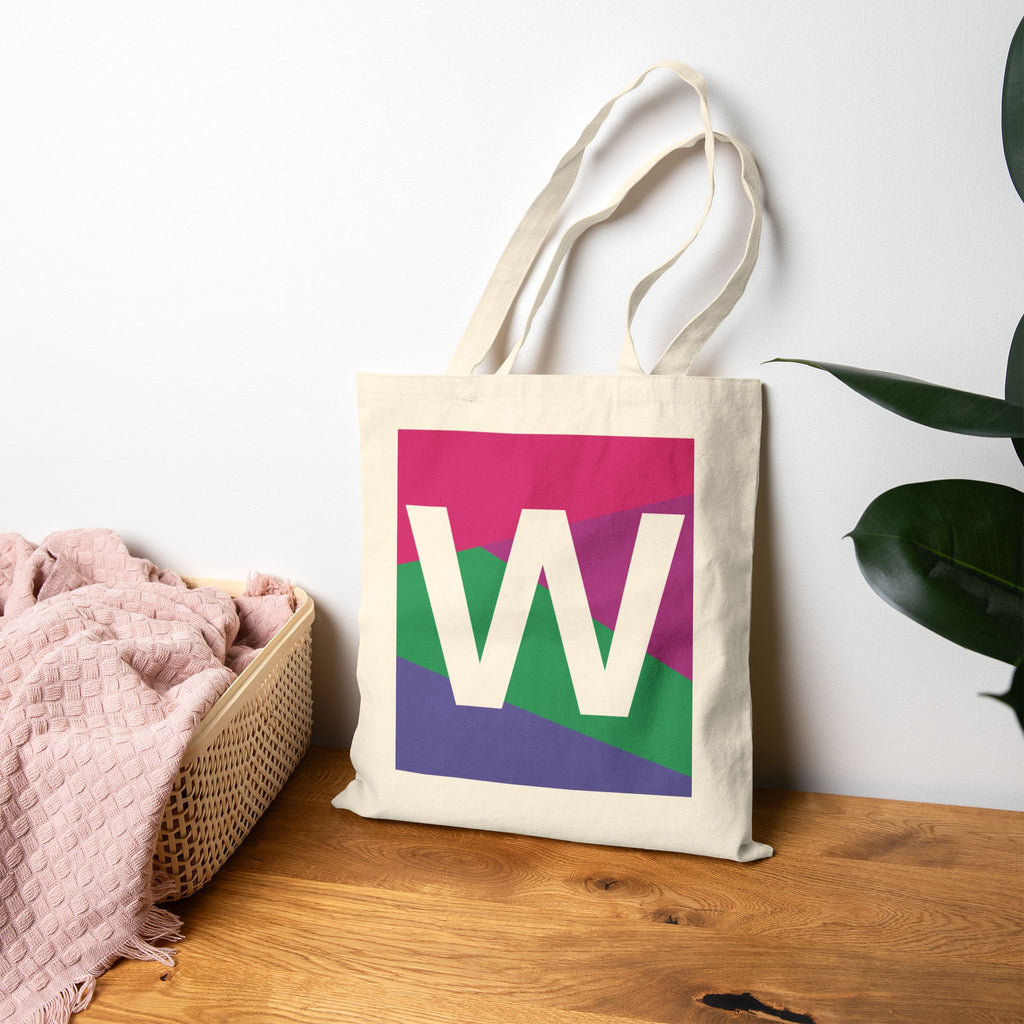 Initial W Colorblock Canvas Tote Bag — Monogram Letter W Reusable Grocery Tote