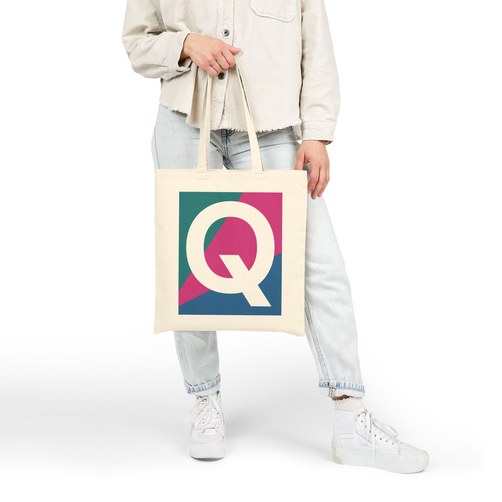 Initial Q Colorblock Canvas Tote Bag — Monogram Letter Q Reusable Grocery Tote