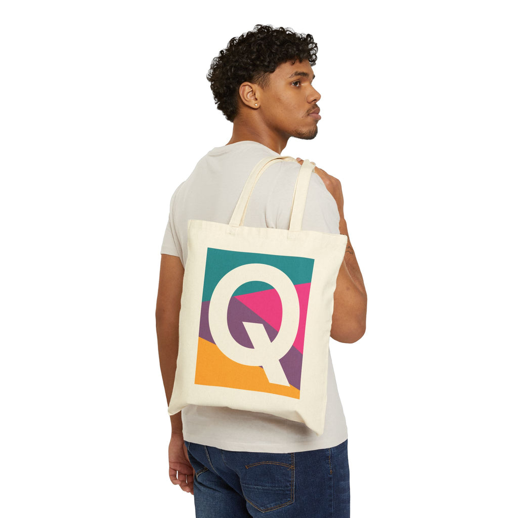 Initial Q Colorblock Canvas Tote Bag — Monogram Letter Q Reusable Grocery Tote
