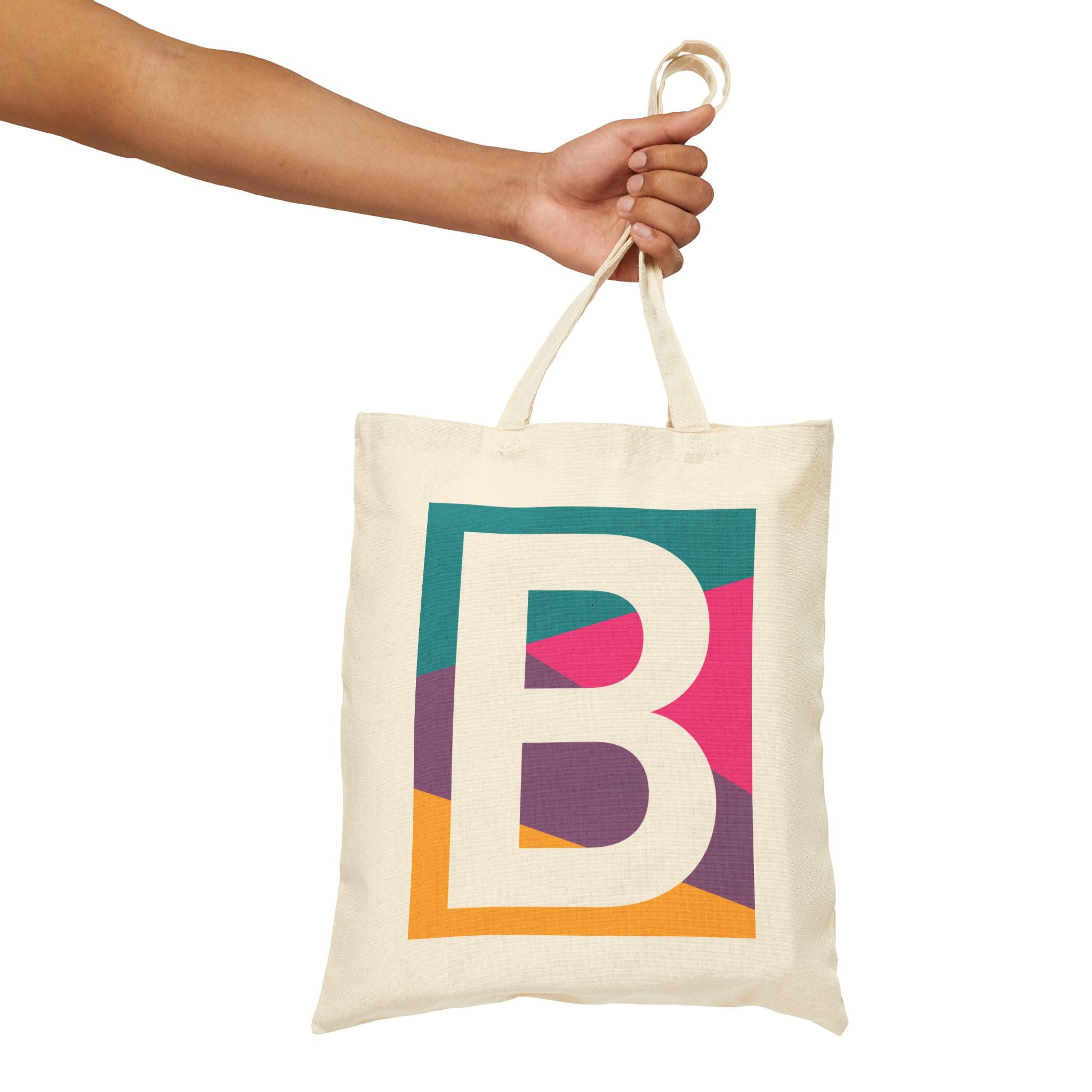 Initial B Colorblock Canvas Tote Bag — Monogram Letter B Reusable Grocery Tote