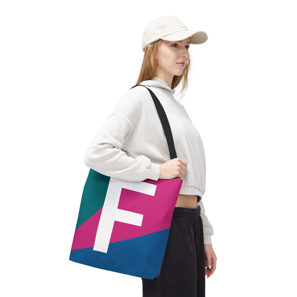 Monogram 'F' Colorblock Tote Bag — Personalized Initial F Shoulder Tote