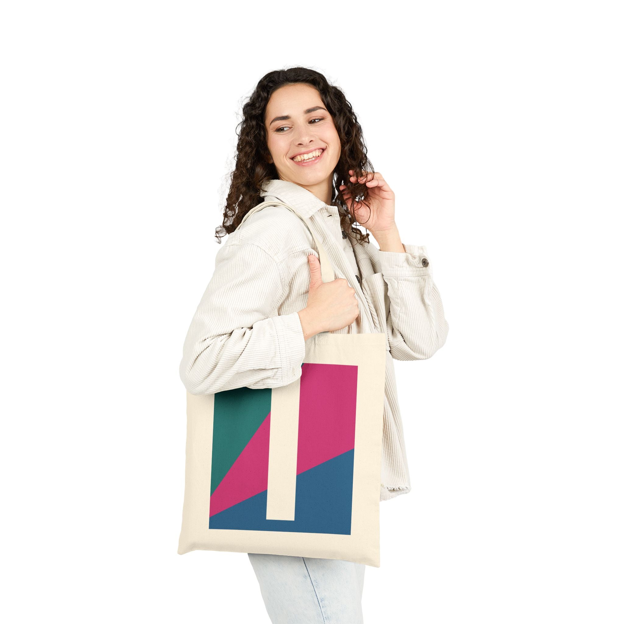 Initial I Colorblock Canvas Tote Bag — Monogram Letter I Reusable Grocery Tote