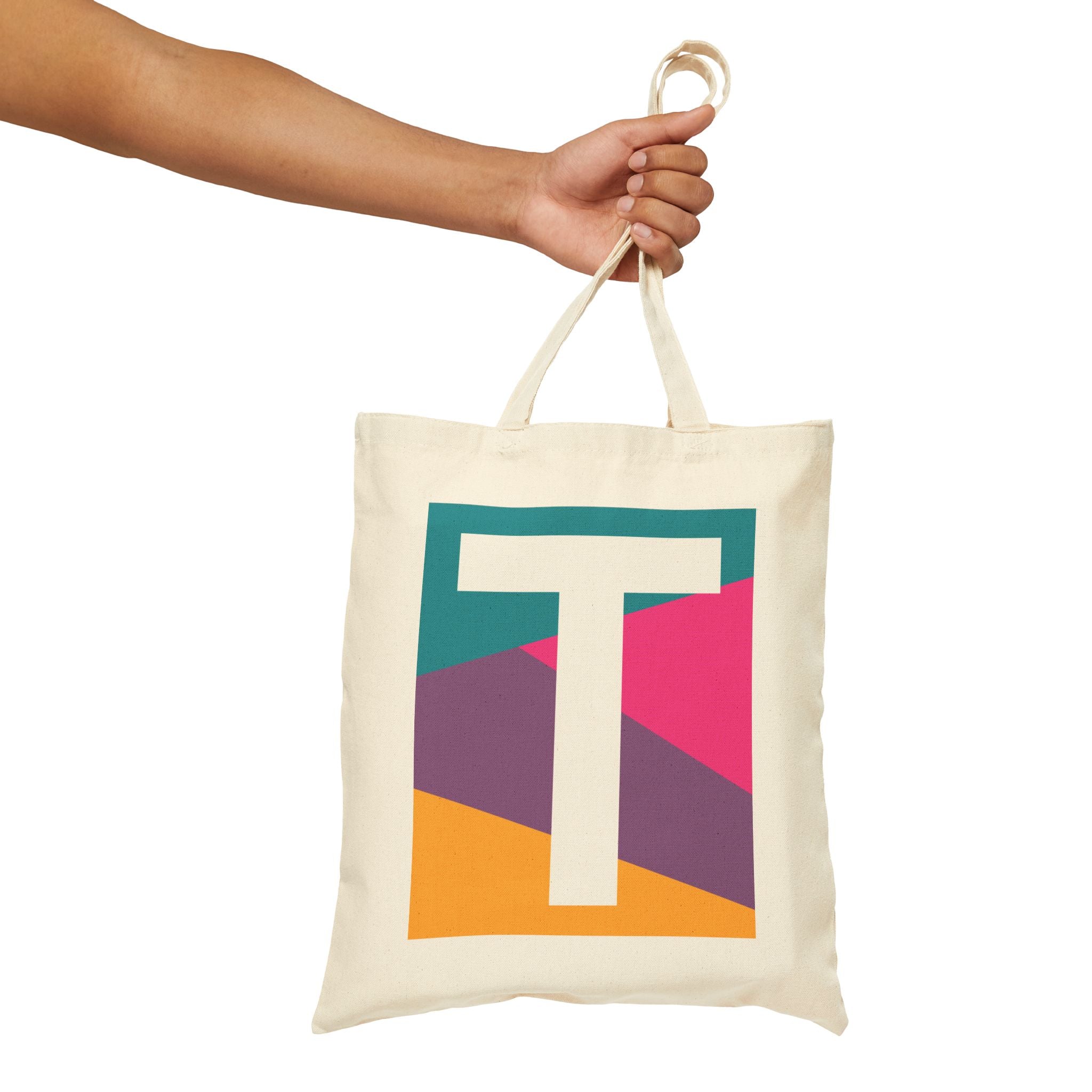 Initial T Colorblock Canvas Tote Bag — Monogram Letter T Reusable Grocery Tote