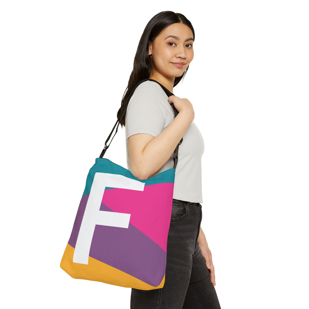 Initial Letter 'F' Colorblock Adjustable Tote Bag — Monogram Alphabet Shoulder Bag