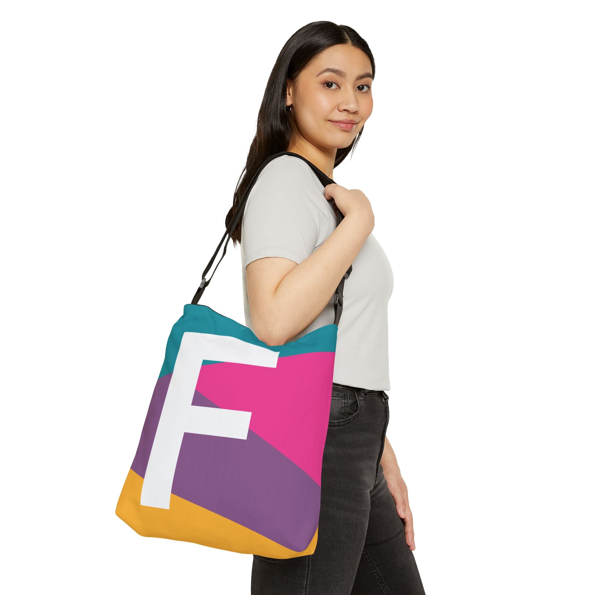 Initial Letter 'F' Colorblock Adjustable Tote Bag — Monogram Alphabet Shoulder Bag