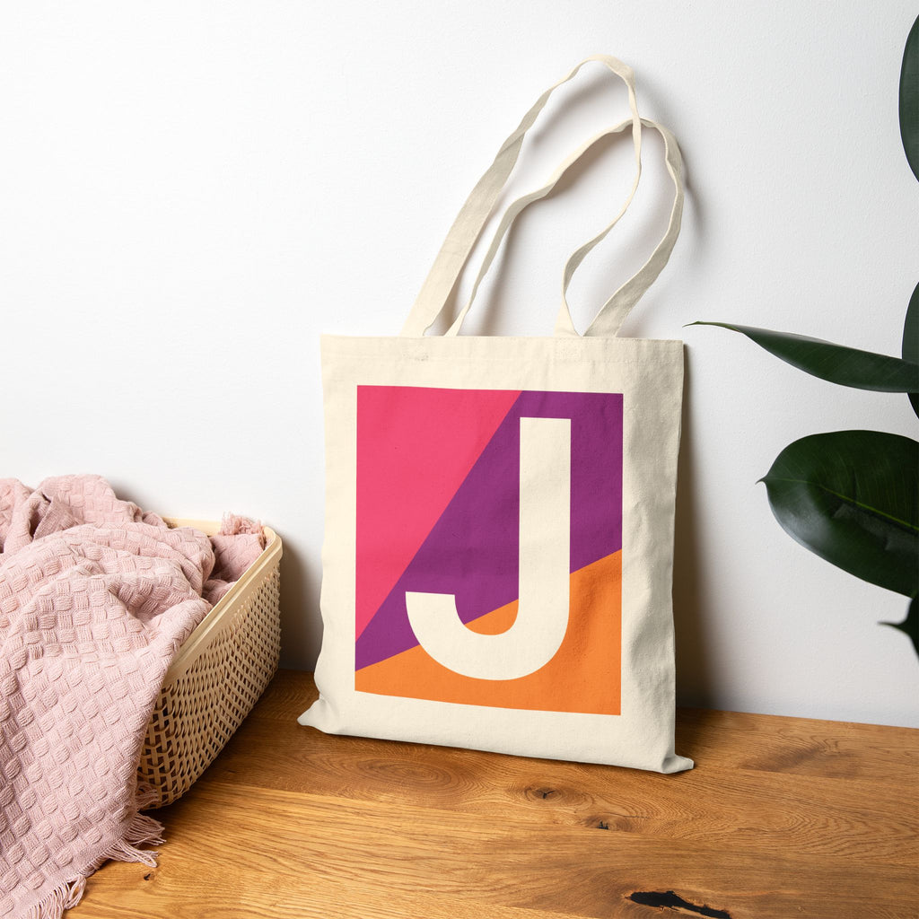 Initial J Colorblock Canvas Tote Bag — Monogram Letter J Reusable Grocery Tote