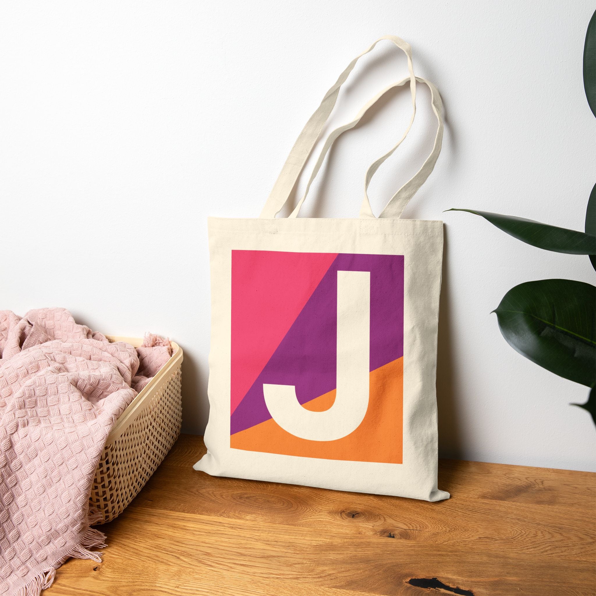 Initial J Colorblock Canvas Tote Bag — Monogram Letter J Reusable Grocery Tote