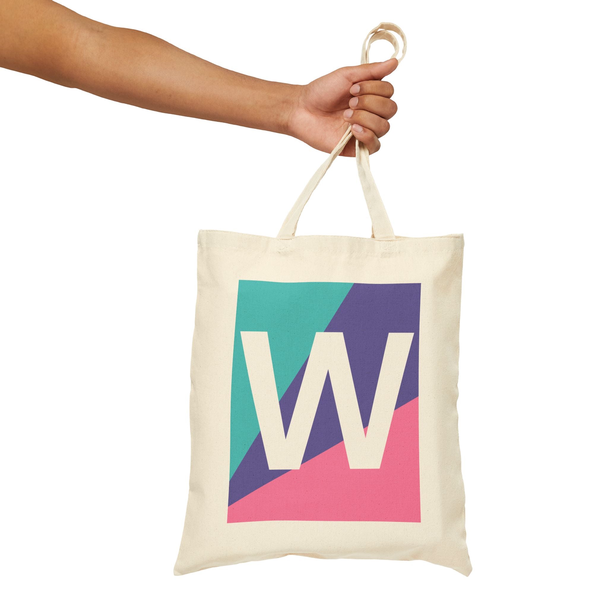 Initial W Colorblock Canvas Tote Bag — Monogram Letter W Reusable Grocery Tote