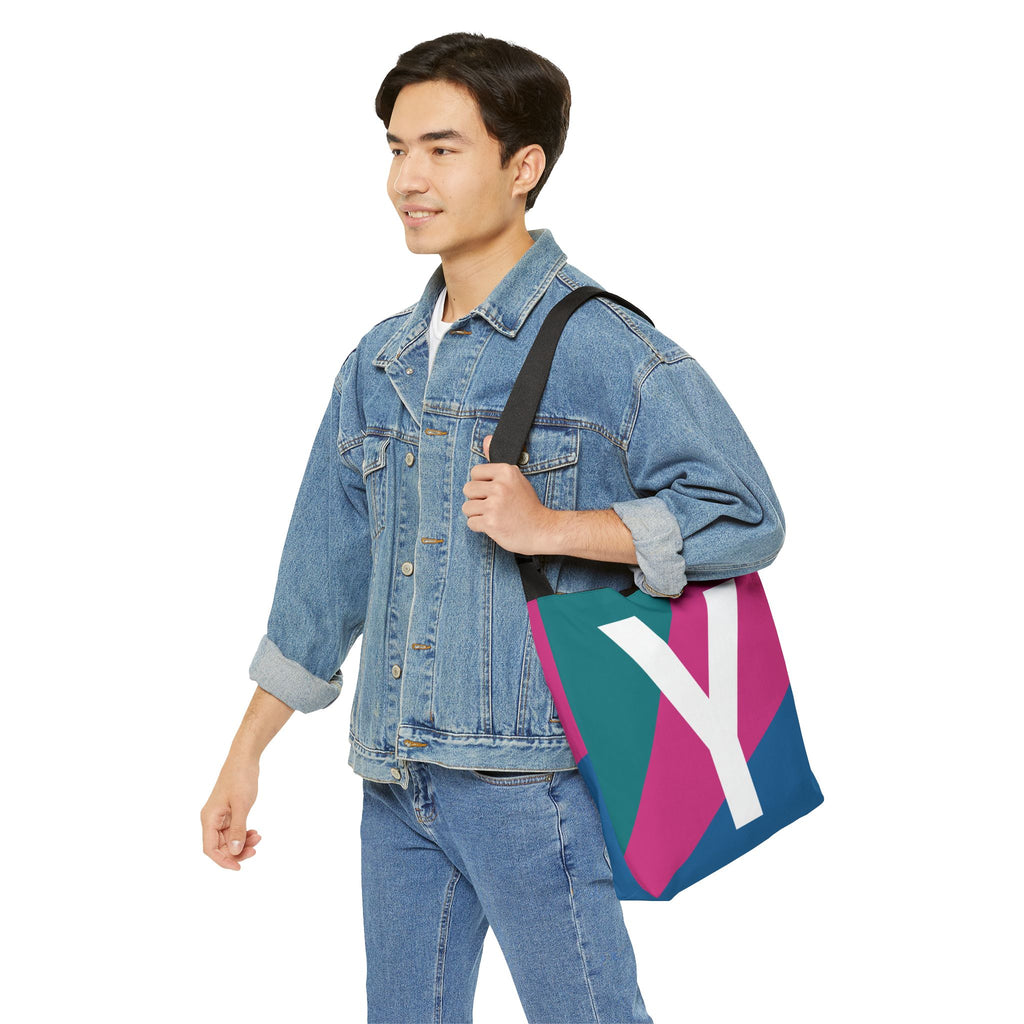 Initial Letter 'Y' Colorblock Adjustable Tote Bag — Monogram Alphabet Shoulder Bag