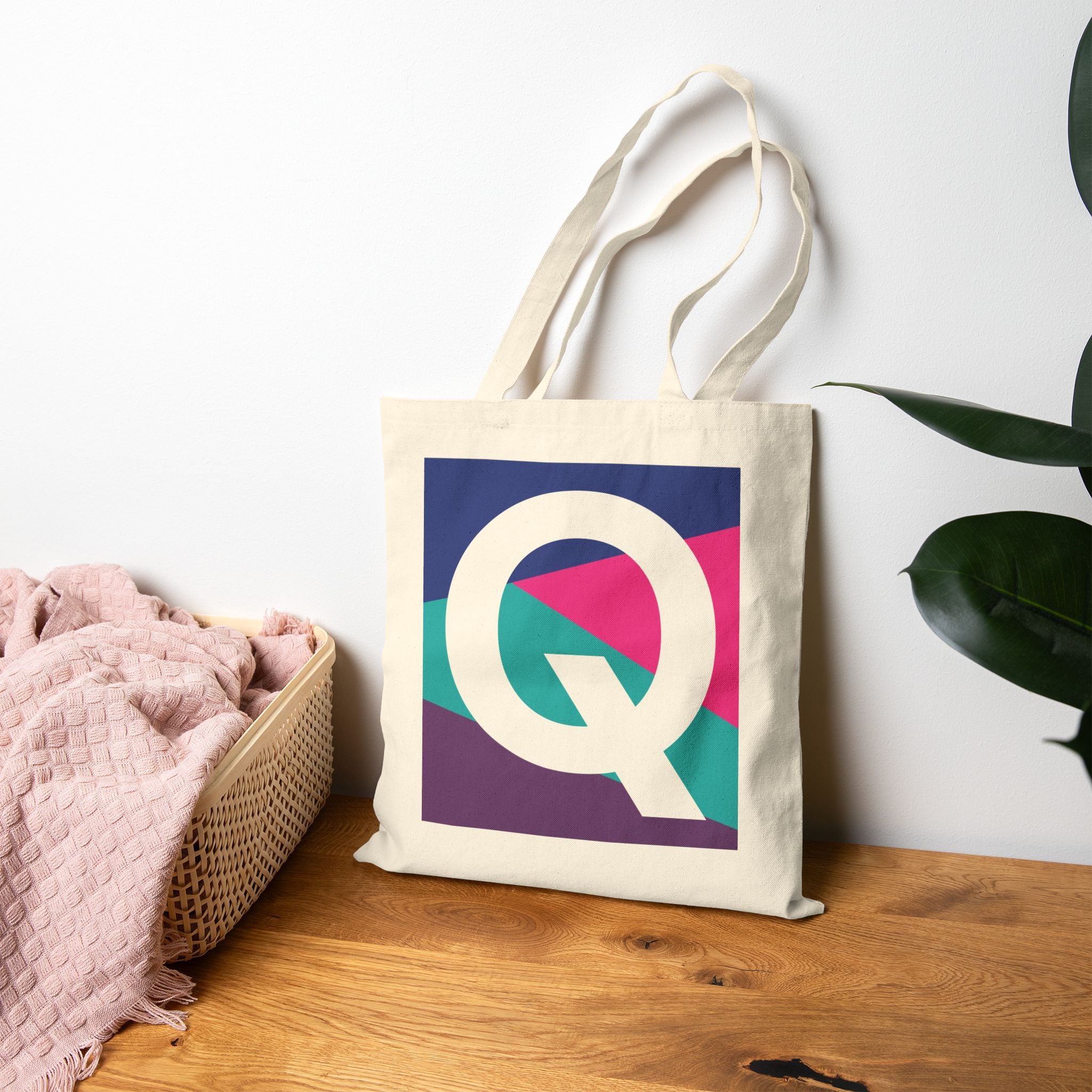 Initial Q Colorblock Canvas Tote Bag — Monogram Letter Q Reusable Grocery Tote