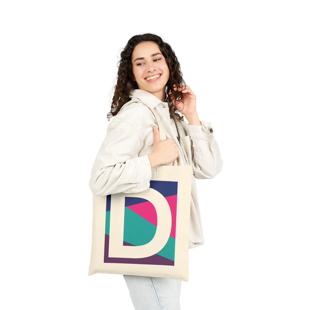 Initial D Colorblock Canvas Tote Bag — Monogram Letter D Reusable Grocery Tote