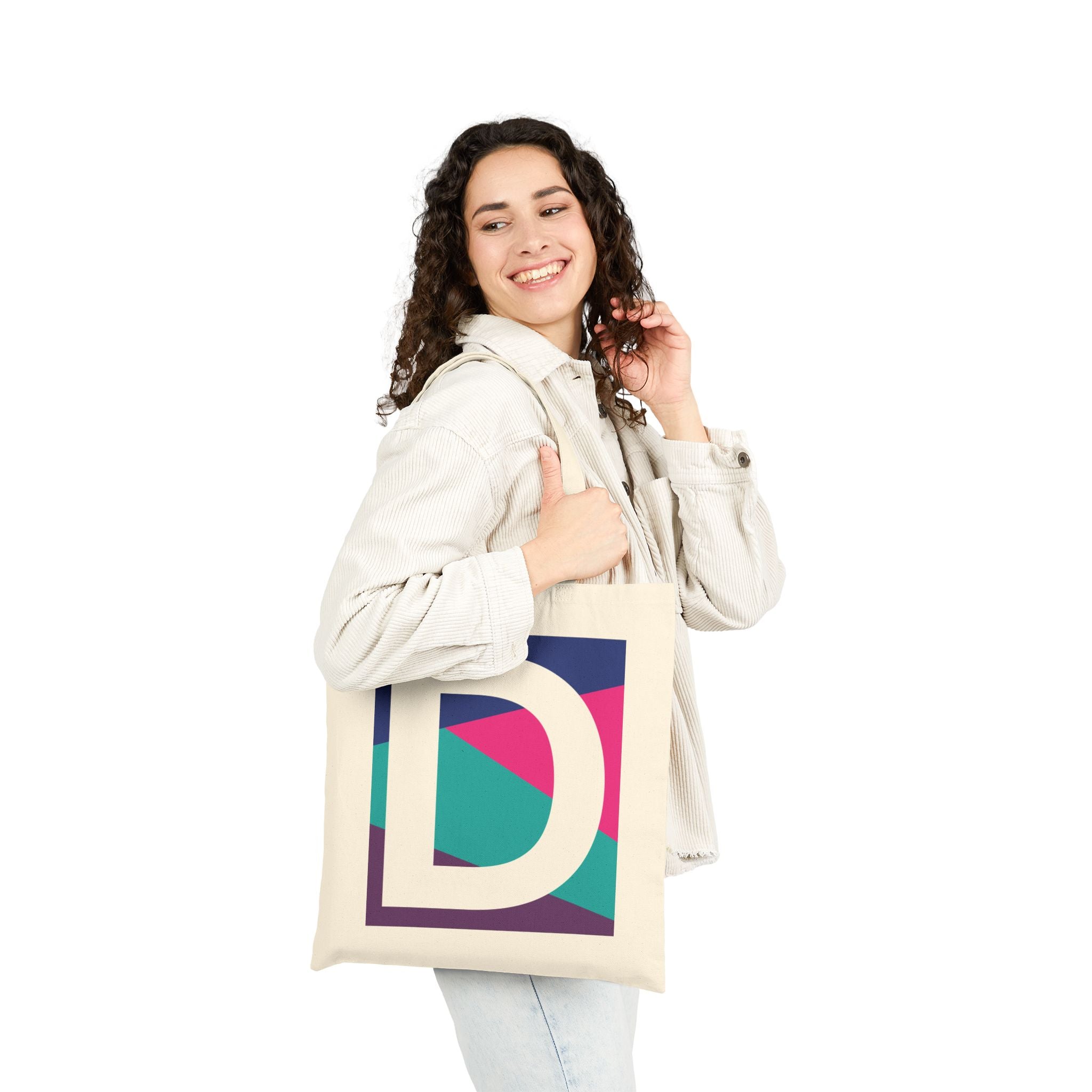 Initial D Colorblock Canvas Tote Bag — Monogram Letter D Reusable Grocery Tote