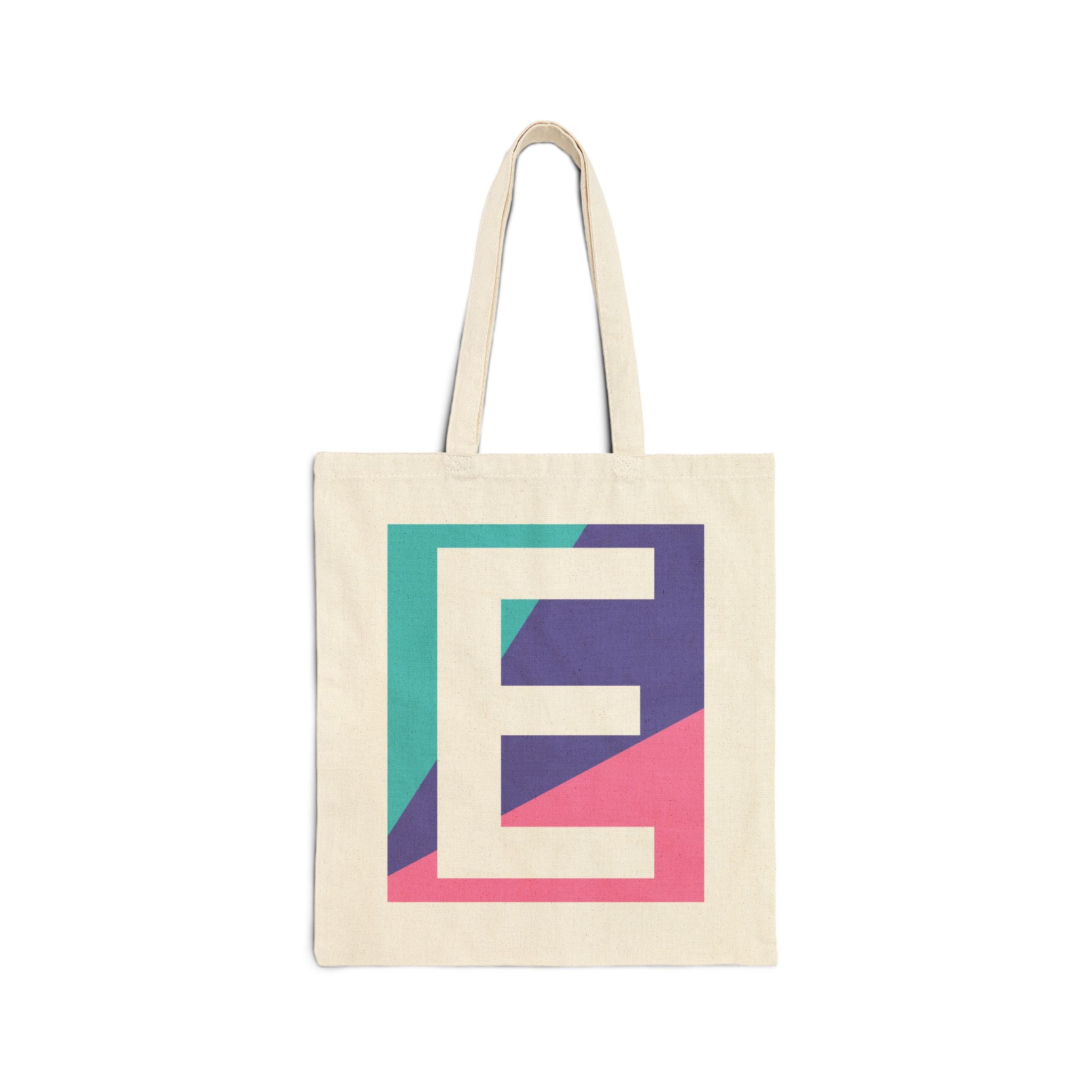 Initial E Colorblock Canvas Tote Bag — Monogram Letter E Reusable Grocery Tote