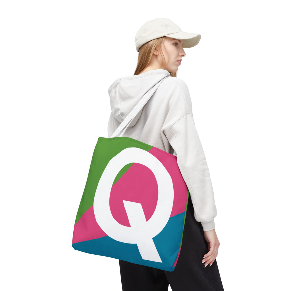 Monogram 'Q' Colorblock Tote Bag — Personalized Initial Q Shoulder Tote