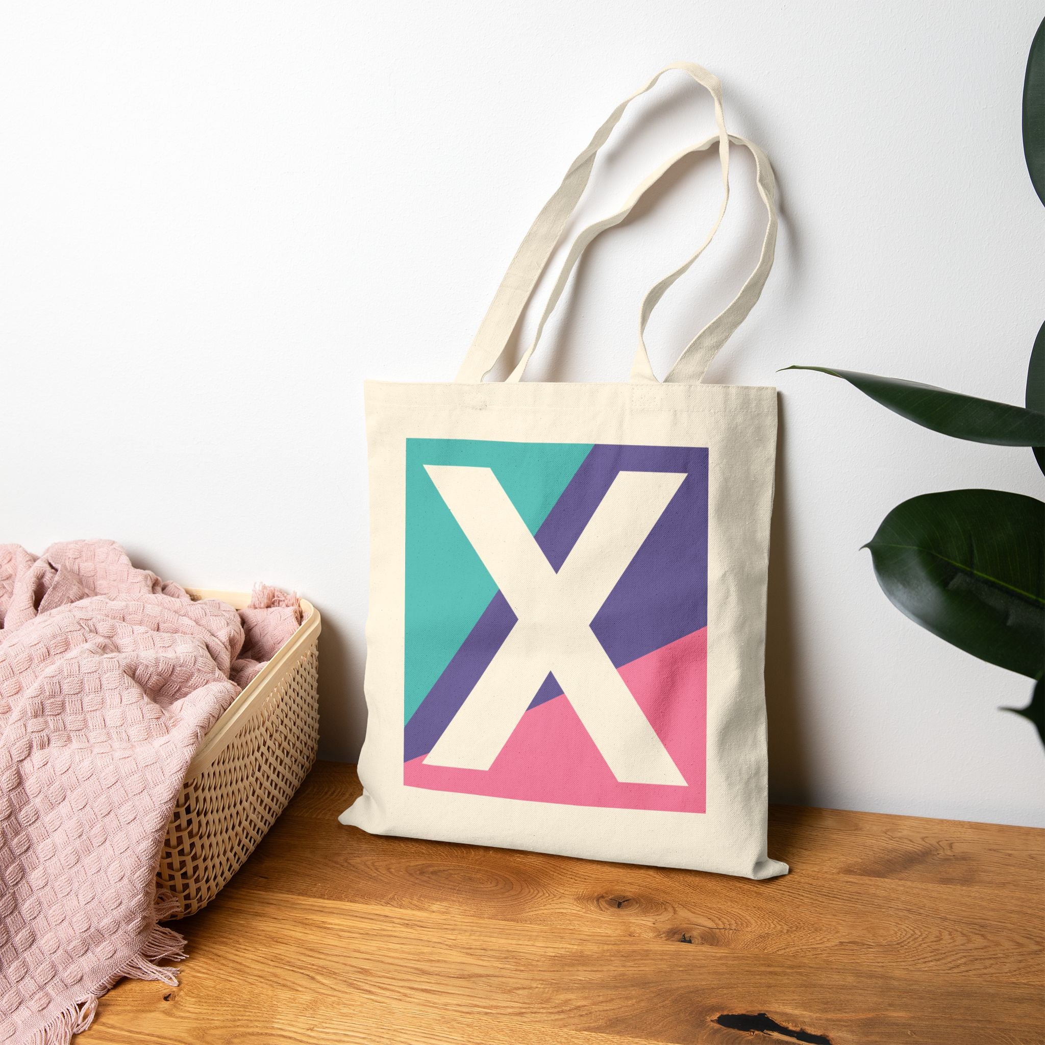Initial X Colorblock Canvas Tote Bag — Monogram Letter X Reusable Grocery Tote