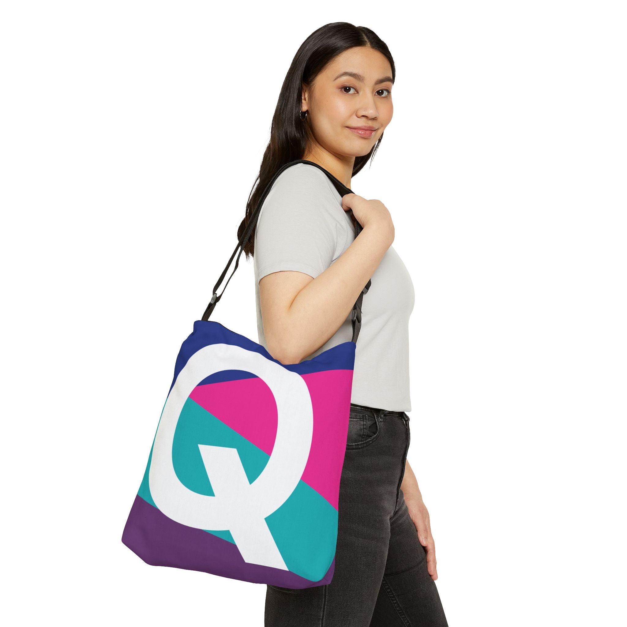 Initial Letter 'Q' Colorblock Adjustable Tote Bag — Monogram Alphabet Shoulder Bag