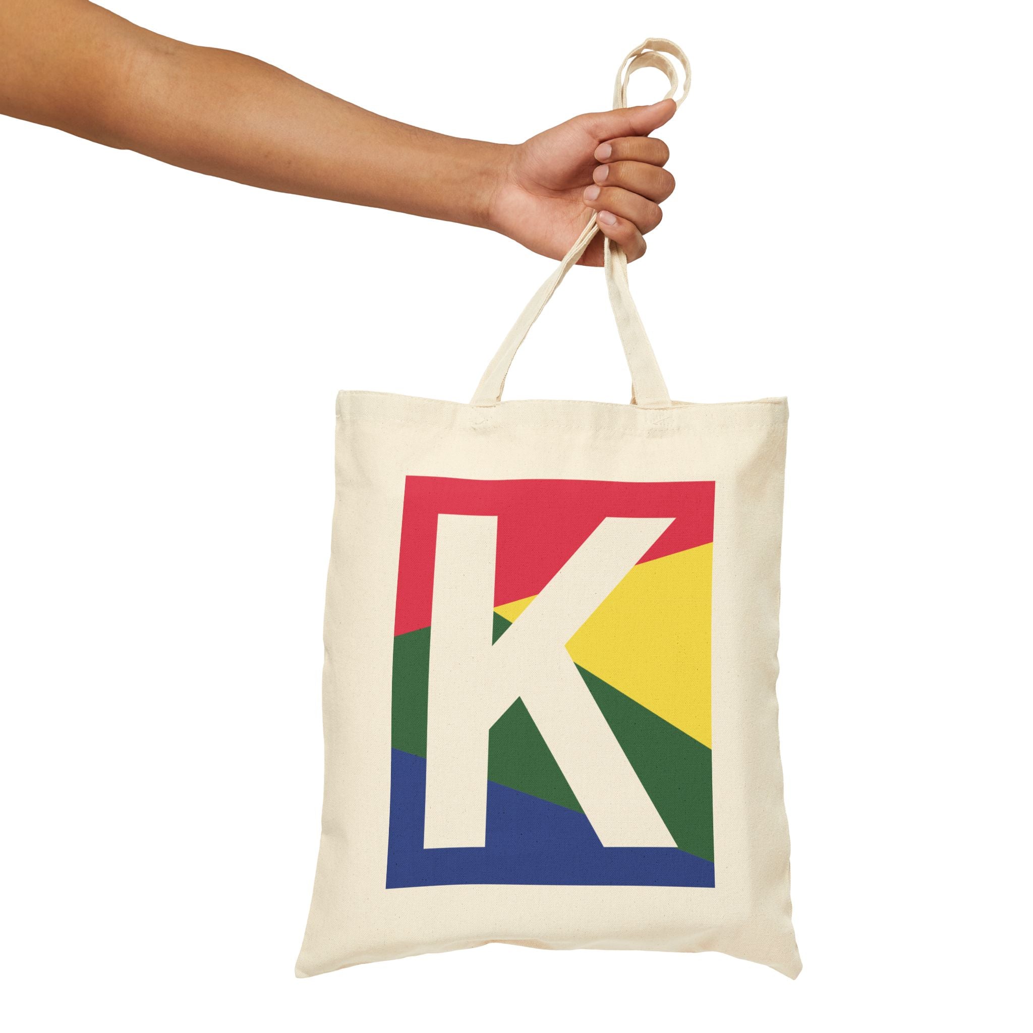 Initial K Colorblock Canvas Tote Bag — Monogram Letter K Reusable Grocery Tote