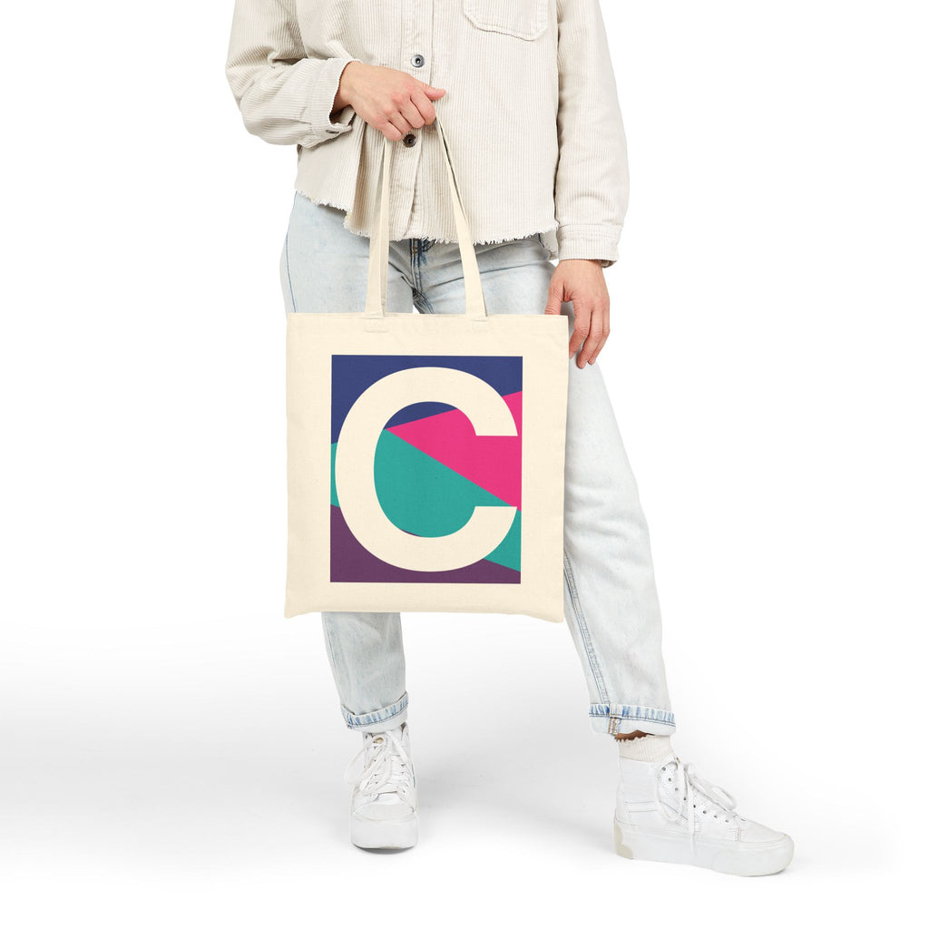 Initial C Colorblock Canvas Tote Bag — Monogram Letter C Reusable Grocery Tote