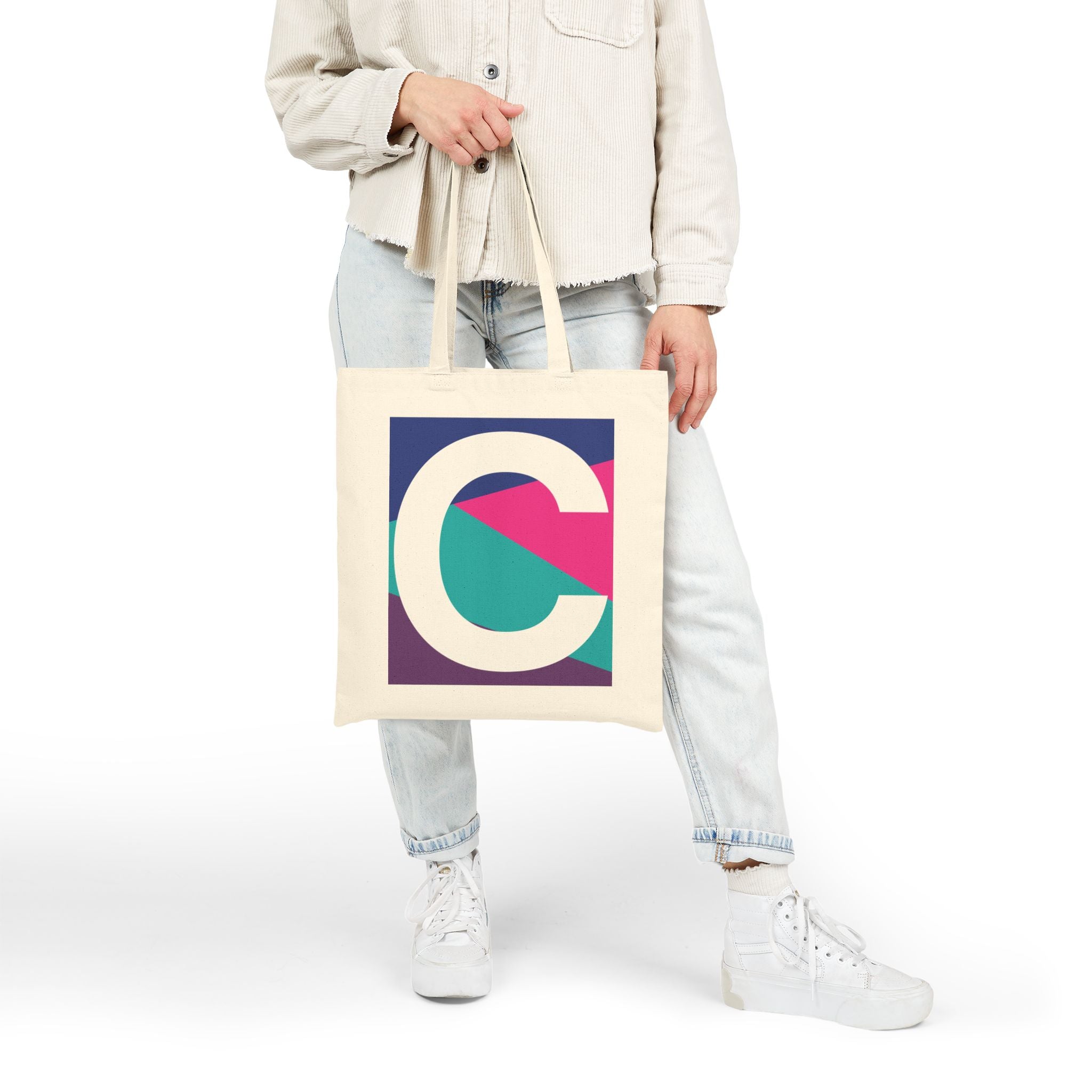 Initial C Colorblock Canvas Tote Bag — Monogram Letter C Reusable Grocery Tote