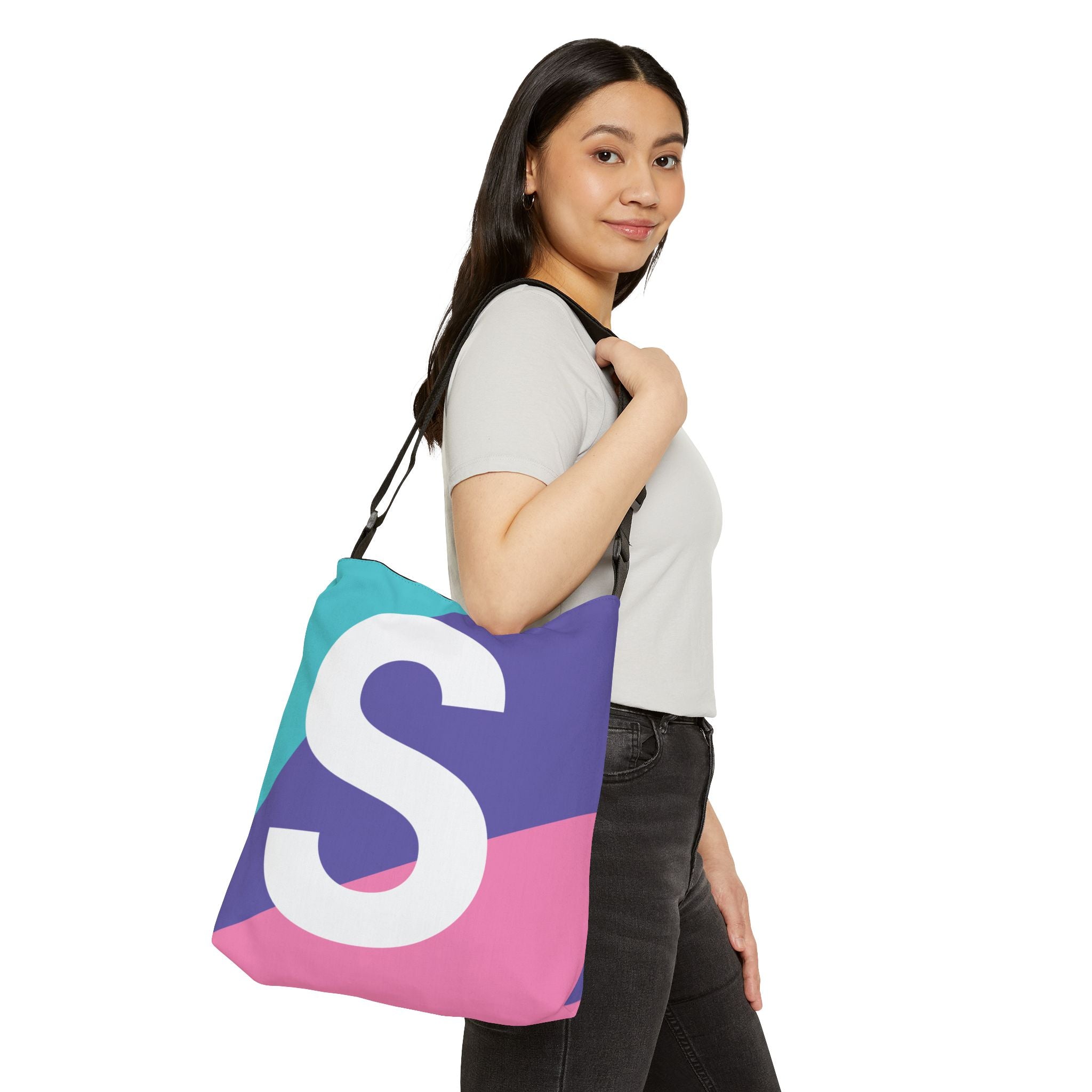 Initial Letter 'S' Colorblock Adjustable Tote Bag — Monogram Alphabet Shoulder Bag