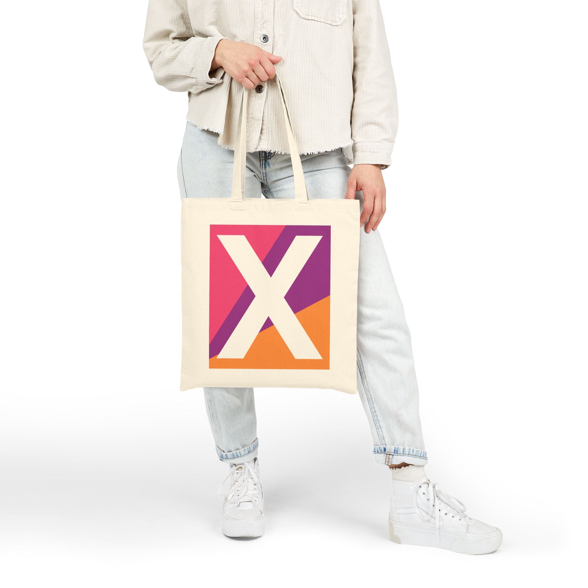 Initial X Colorblock Canvas Tote Bag — Monogram Letter X Reusable Grocery Tote