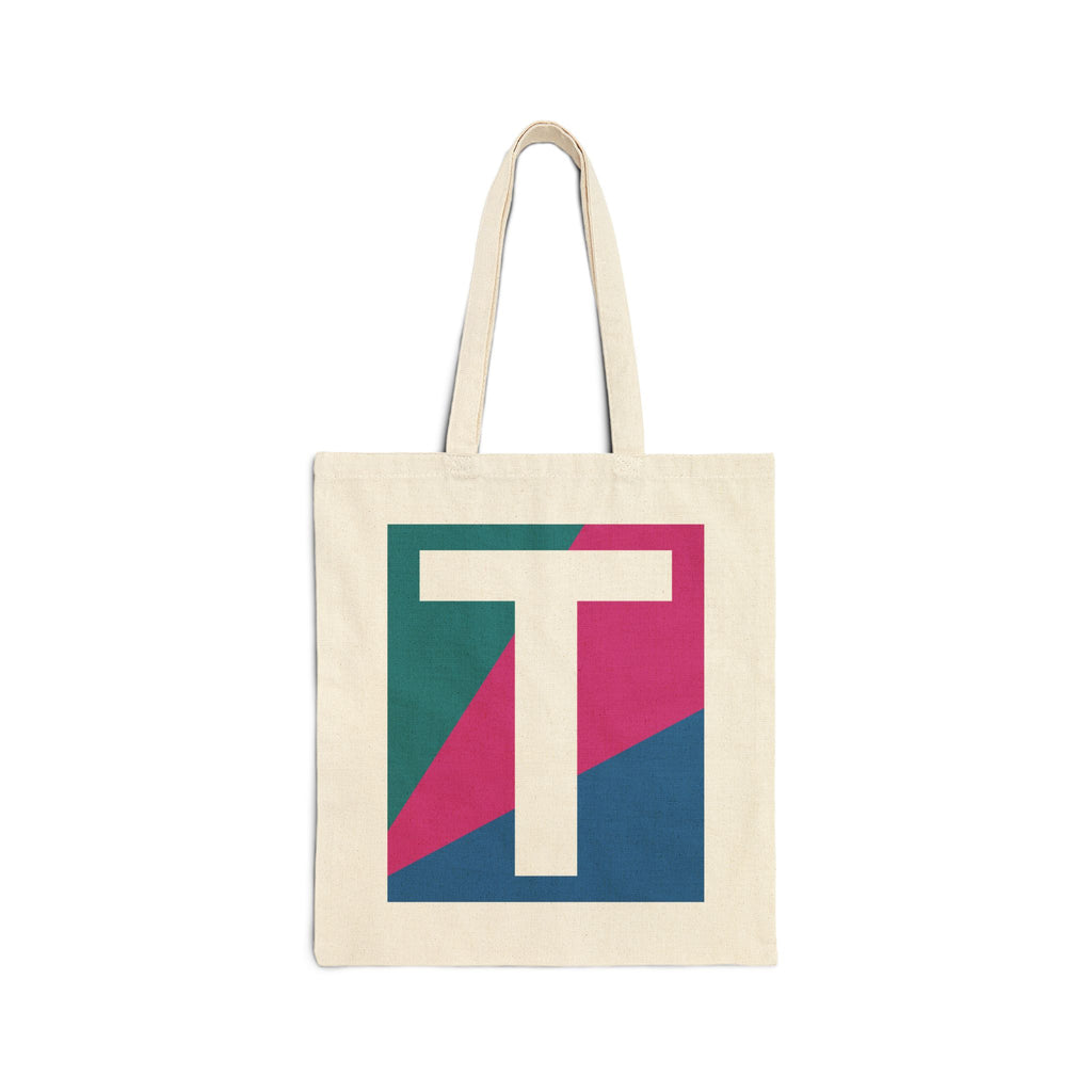 Initial T Colorblock Canvas Tote Bag — Monogram Letter T Reusable Grocery Tote
