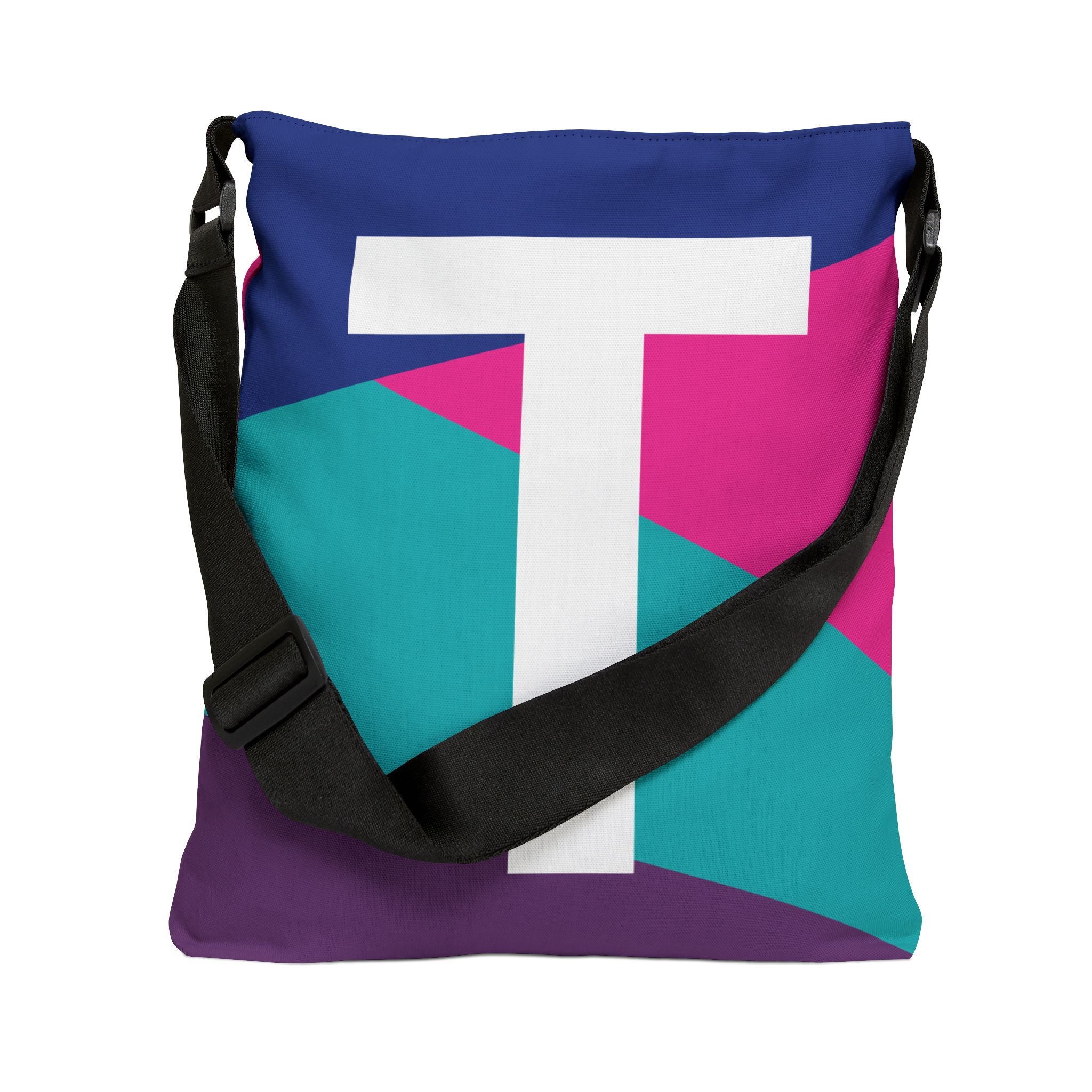 Initial Letter 'T' Colorblock Adjustable Tote Bag — Monogram Alphabet Shoulder Bag