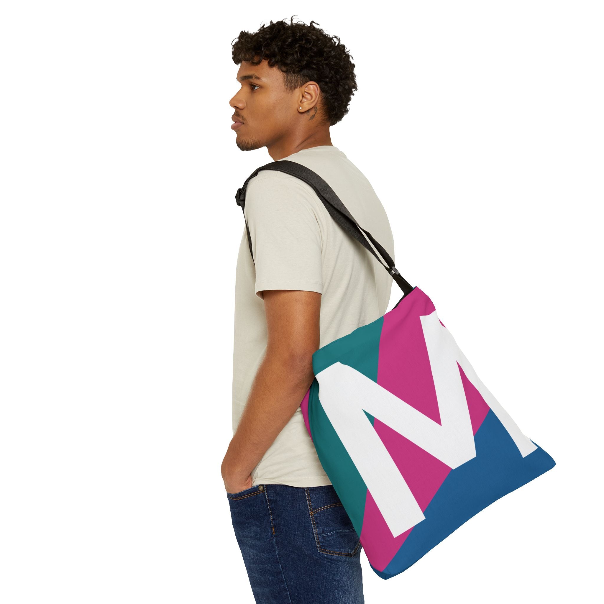 Initial Letter 'M' Colorblock Adjustable Tote Bag — Monogram Alphabet Shoulder Bag